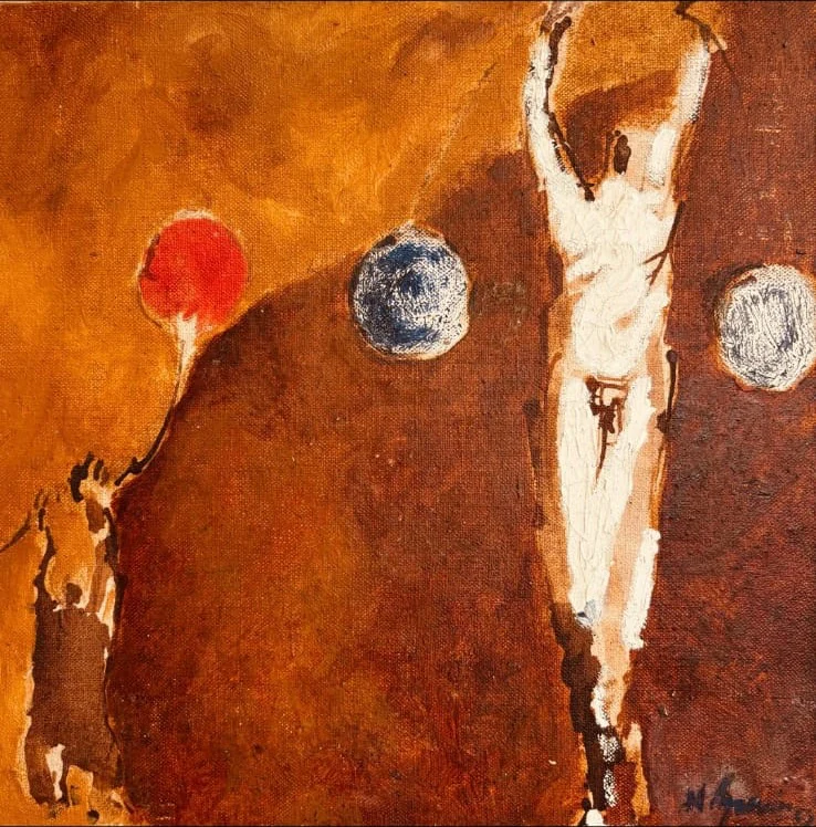 Peinture abstraite aux tons terre représentant deux silhouettes et trois formes circulaires